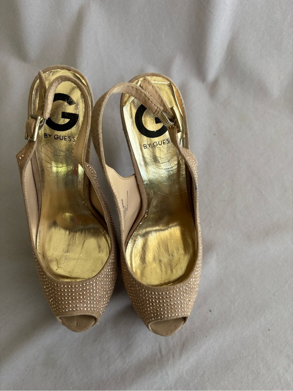 G by Guess Beige/Nude RHINESTONE Open-Toe Slingback Heels with Gold Insole